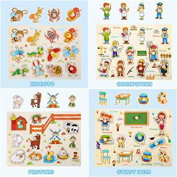 12 Pack Wooden Peg Puzzles for 2-5 Years Old Learning Toys Gift Early Educational Games Teenager Puzzles Set Alphabet Numbers Animals Fruits Learning Puzzles Board for 2-5 Years Old Teenager