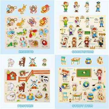 12 Pack Wooden Peg Puzzles for 2-5 Years Old Learning Toys Gift Early Educational Games Teenager Puzzles Set Alphabet Numbers Animals Fruits Learning Puzzles Board for 2-5 Years Old Teenager