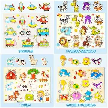 12 Pack Wooden Peg Puzzles for 2-5 Years Old Learning Toys Gift Early Educational Games Teenager Puzzles Set Alphabet Numbers Animals Fruits Learning Puzzles Board for 2-5 Years Old Teenager