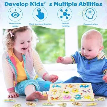 12 Pack Wooden Peg Puzzles for 2-5 Years Old Learning Toys Gift Early Educational Games Teenager Puzzles Set Alphabet Numbers Animals Fruits Learning Puzzles Board for 2-5 Years Old Teenager