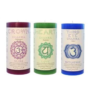 Crystal Journey 3"x6" Pillar Chakra Candles Bundle of 3 (Crown Chakra, Heart Chakra, Third Eye Chakra) - Handcrafted in USA