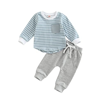 Hnyenmcko Toddler Baby Boy Clothes Long Sleeve Striped Crewneck T-Shirt Top + Solid Drawstring Pants...