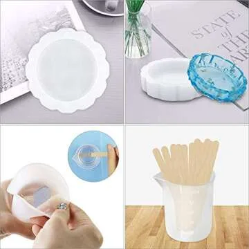 Alritz Epoxy Resin Silicone Molds, Large Art Resin Molds for Coaster/Ashtray/Flower Pot/Pen Candle Soap Jewelry Holder, Includes Round/Square Ashtray, Cylinder, Cube, Bowl, Mixing Cup, Wood Sticks