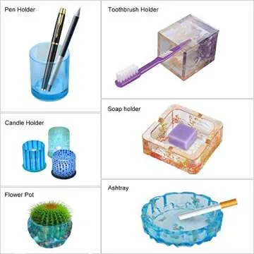 Alritz Epoxy Resin Silicone Molds, Large Art Resin Molds for Coaster/Ashtray/Flower Pot/Pen Candle Soap Jewelry Holder, Includes Round/Square Ashtray, Cylinder, Cube, Bowl, Mixing Cup, Wood Sticks