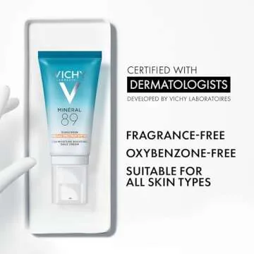 Vichy Minéral 89 Face Sunscreen SPF 30, Hydrating Daily Sunscreen For Face SPF 30, Hyaluronic Acid + Niacinamide + Squalane Oil, No White Cast Sunscreen, Oxybenzone Free, Travel Size Sunscreen