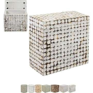 East at Main Rectangle Side Table - Real Coconut Shell Mosaic Inlaid, Pre-Assembled, Natural Wood and Patina Finish, Storage Side Table(White/Rectangle)