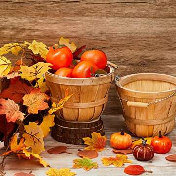 Tatuo 4 Pcs 6*8'' Round Wooden Baskets Gifts Empty Fruit Buckets with Handle for Gifts Empty Bushel Basket for Fruits Vegetables Home Garden Farm and Party Supplies(Wood)