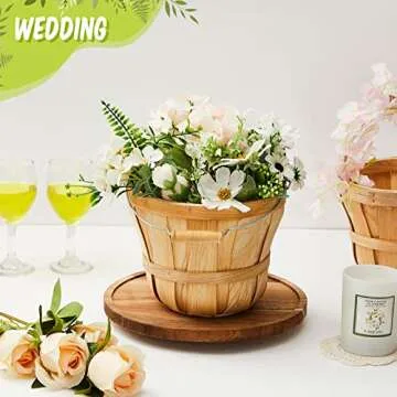 Tatuo 4 Pcs 6*8'' Round Wooden Baskets Gifts Empty Fruit Buckets with Handle for Gifts Empty Bushel Basket for Fruits Vegetables Home Garden Farm and Party Supplies(Wood)