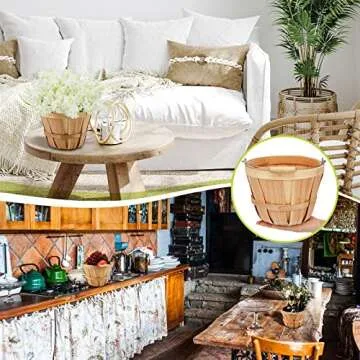 Tatuo 4 Pcs 6*8'' Round Wooden Baskets Gifts Empty Fruit Buckets with Handle for Gifts Empty Bushel Basket for Fruits Vegetables Home Garden Farm and Party Supplies(Wood)