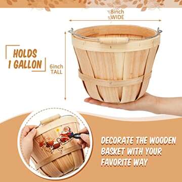 Tatuo 4 Pcs 6*8'' Round Wooden Baskets Gifts Empty Fruit Buckets with Handle for Gifts Empty Bushel Basket for Fruits Vegetables Home Garden Farm and Party Supplies(Wood)