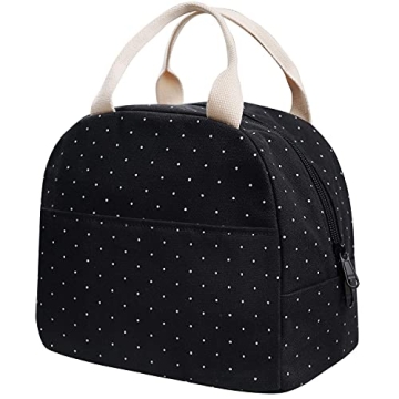 EurCross Upgraded Compact Black Lunch Bag for Girls Women,Canvas Reusable Insulated Polka Dot Lunch ...