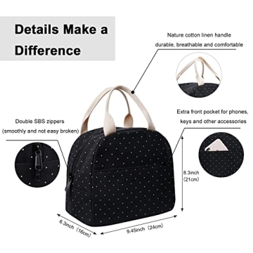 EurCross Upgraded Compact Black Lunch Bag for Girls Women,Canvas Reusable Insulated Polka Dot Lunch Tote Box Bag for Work School