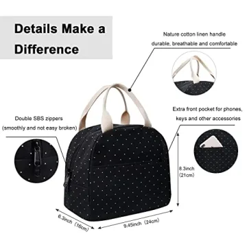 EurCross Upgraded Compact Black Lunch Bag for Girls Women,Canvas Reusable Insulated Polka Dot Lunch Tote Box Bag for Work School