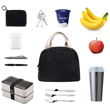 EurCross Upgraded Compact Black Lunch Bag for Girls Women,Canvas Reusable Insulated Polka Dot Lunch Tote Box Bag for Work School