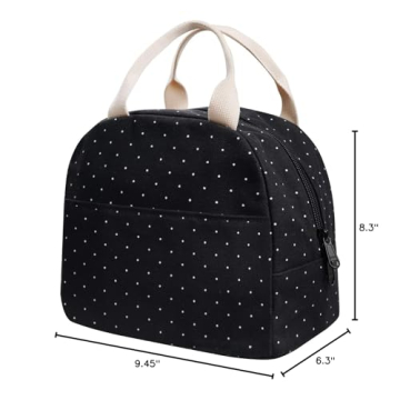 EurCross Upgraded Compact Black Lunch Bag for Girls Women,Canvas Reusable Insulated Polka Dot Lunch Tote Box Bag for Work School