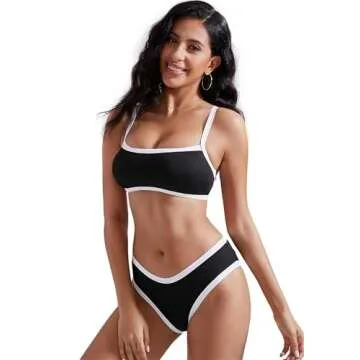 RXRXCOCO Womens Ribbed Bikini Set High Cut Color Block Two Piece Swimsuit Square Neck Bathing Suits Black and White Medium