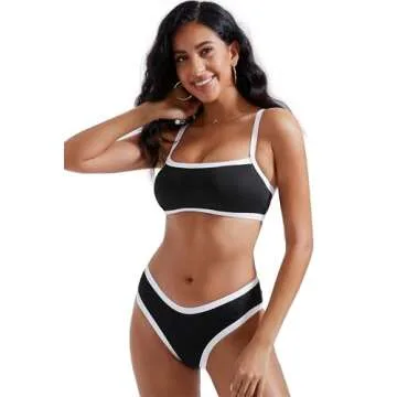 RXRXCOCO Womens Ribbed Bikini Set High Cut Color Block Two Piece Swimsuit Square Neck Bathing Suits Black and White Medium