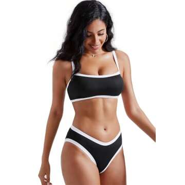 RXRXCOCO Womens Ribbed Bikini Set High Cut Color Block Two Piece Swimsuit Square Neck Bathing Suits Black and White Medium