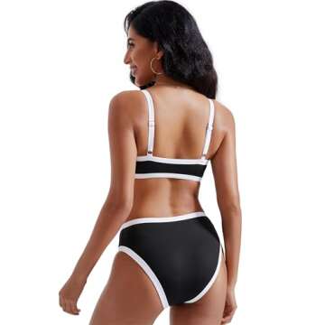 RXRXCOCO Womens Ribbed Bikini Set High Cut Color Block Two Piece Swimsuit Square Neck Bathing Suits Black and White Medium