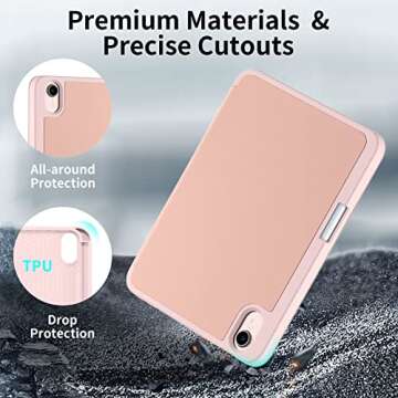 Wenlaty Compatible with iPad Mini 6 Case 2021 with Pencil Holder, Slim Stand Cover for iPad Mini 6th Generation 8.3 Inch, Auto Sleep/Wake, Rose Pink
