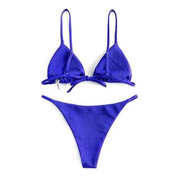 ZAFUL Womens Textured Tie String Bikini Swimwear Triangle Smocked Swimsuits Two Piece Set