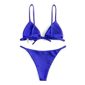 ZAFUL Womens Textured Tie String Bikini Swimwear Triangle Smocked Swimsuits Two Piece Set