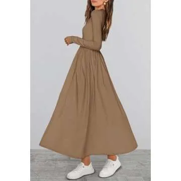 KIRUNDO Women's Casual Long Sleeve Spring Wedding Guest Dress 2025 Summer Fall Elegant Boho Flowy Midi Dresses Pockets(Khaki, Large)