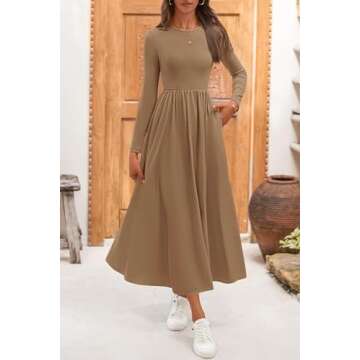 KIRUNDO Women's Casual Long Sleeve Spring Wedding Guest Dress 2025 Summer Fall Elegant Boho Flowy Midi Dresses Pockets(Khaki, Large)