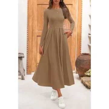 KIRUNDO Women's Casual Long Sleeve Spring Wedding Guest Dress 2025 Summer Fall Elegant Boho Flowy Midi Dresses Pockets(Khaki, Large)