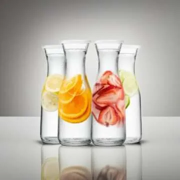 Kook Glass Carafe, Mimosa Bar Supplies, Carafe Pitchers with Lid, Glass Water Pitcher, Drink Dispensers for Parties, Tea, Wine, and Juice, Plastic Lids, Dishwasher Safe, 35 oz (set of 4)