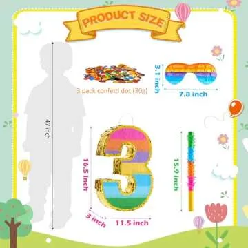 MUWOOB Rainbow Number 3 Pinata for 3rd Birthday Party Decorations, Birthday Pinata with Stick Blindf...