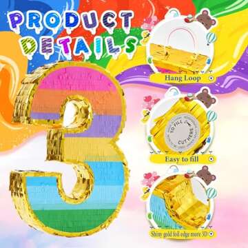 MUWOOB Rainbow Number 3 Pinata for 3rd Birthday Party Decorations, Birthday Pinata with Stick Blindfold and Confetti, Kids Anniversary Celebration, Fiesta (Small, 16.5 x 11.5 x 3 In)