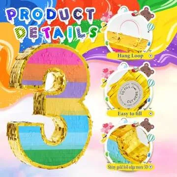 MUWOOB Rainbow Number 3 Pinata for 3rd Birthday Party Decorations, Birthday Pinata with Stick Blindfold and Confetti, Kids Anniversary Celebration, Fiesta (Small, 16.5 x 11.5 x 3 In)