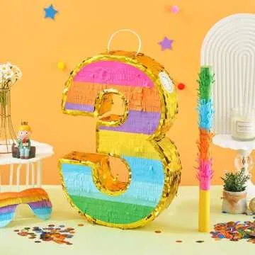 MUWOOB Rainbow Number 3 Pinata for 3rd Birthday Party Decorations, Birthday Pinata with Stick Blindfold and Confetti, Kids Anniversary Celebration, Fiesta (Small, 16.5 x 11.5 x 3 In)