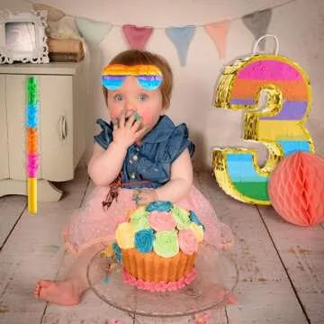 MUWOOB Rainbow Number 3 Pinata for 3rd Birthday Party Decorations, Birthday Pinata with Stick Blindfold and Confetti, Kids Anniversary Celebration, Fiesta (Small, 16.5 x 11.5 x 3 In)