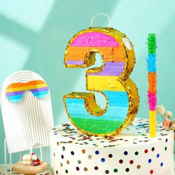 MUWOOB Rainbow Number 3 Pinata for 3rd Birthday Party Decorations, Birthday Pinata with Stick Blindfold and Confetti, Kids Anniversary Celebration, Fiesta (Small, 16.5 x 11.5 x 3 In)