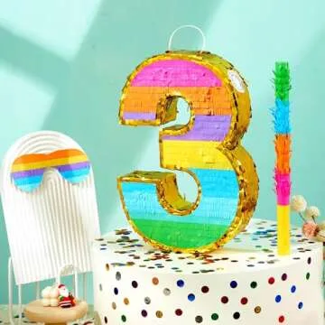 MUWOOB Rainbow Number 3 Pinata for 3rd Birthday Party Decorations, Birthday Pinata with Stick Blindfold and Confetti, Kids Anniversary Celebration, Fiesta (Small, 16.5 x 11.5 x 3 In)