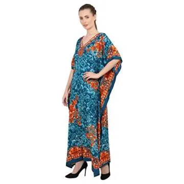 Miss Lavish London Long Caftans for Women - Boho Kaftan Dress, Plus Size Summer Kaftan, Women's Loungewear and Beach Caftans, Maxi Kaftan Tops for Lounging or Swimwear Cover-Ups, Size M,Green Kaftans