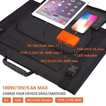 TISHI HERY 100W Portable Solar Panel Foldable with 4 Outputs Type-C/QC3.0/DC/USB Compatible with Most Portable Solar Generators Power Stations/Phones/Laptops/Tablet for Travel/Camping/RV/Hiking