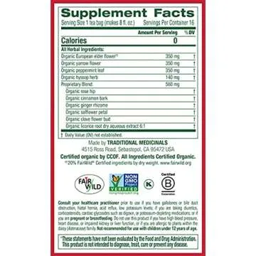 Traditional Medicinals Organic Herbal Cold Care Elderflower Spice Herbal Tea, Warm & Comforting Seasonal Wellness, (Pack of 2) - 32 Tea Bags Total