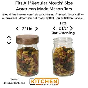 Kitchen Charisma Wooden Mason Jar Lids - 4 Mason Jar Lids Regular Mouth (Acacia Wood) - Custom Molded Screw Top Mason Jar Lid Set Storage Lids for Ball Jars Only