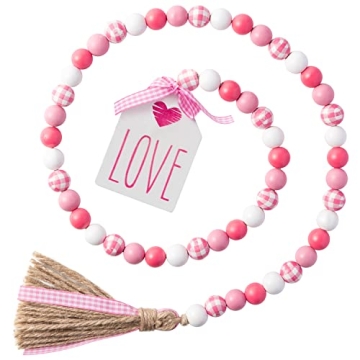 2ooya Valentine's Day Pink Plaid Wood Bead Tassel Garland