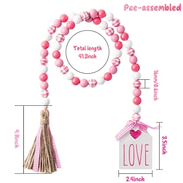 2ooya Valentine's Day Pink Plaid Wood Bead Tassel Garland