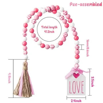 2ooya Valentine's Day Pink Plaid Wood Bead Tassel Garland