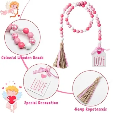 2ooya Valentine's Day Pink Plaid Wood Bead Tassel Garland