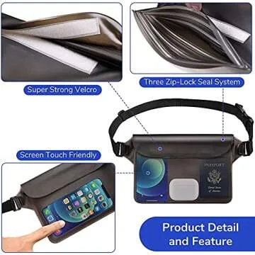 GLBSUNION IPX8 Waterproof Pouch Bag with Adjustable Waist Strap-Screen Touchable Dry Bag with Adjustable Belt for Phone Valuables for Beach Swimming Snorkeling Boating Fishing Kayaking (2 Pack)