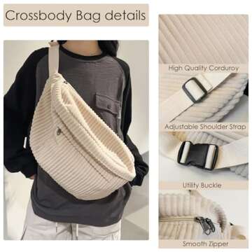Crossbody Bag Fanny Pack for Women Men, Corduroy Waist Pack Large Chest Bag with Adjustable Strap for Workout Travel Sports Running (Off White-1)