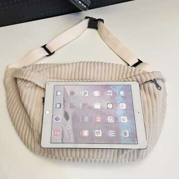 Crossbody Bag Fanny Pack for Women Men, Corduroy Waist Pack Large Chest Bag with Adjustable Strap for Workout Travel Sports Running (Off White-1)