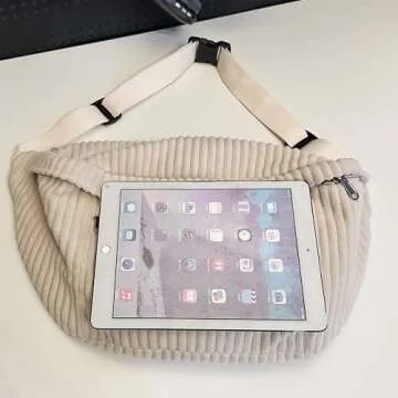 Crossbody Bag Fanny Pack for Women Men, Corduroy Waist Pack Large Chest Bag with Adjustable Strap for Workout Travel Sports Running (Off White-1)