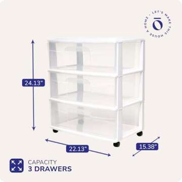 HOMZ Drawer Tower, 3-Tier Wide Clear Plastic Storage Organizer Cart, White Frame